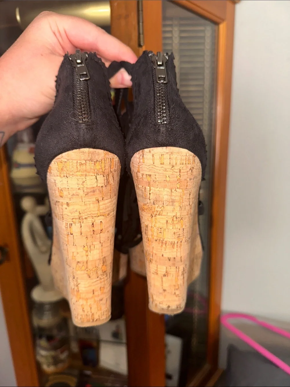 Not Rated Black Suede Fringe Cork Wedge Sandals